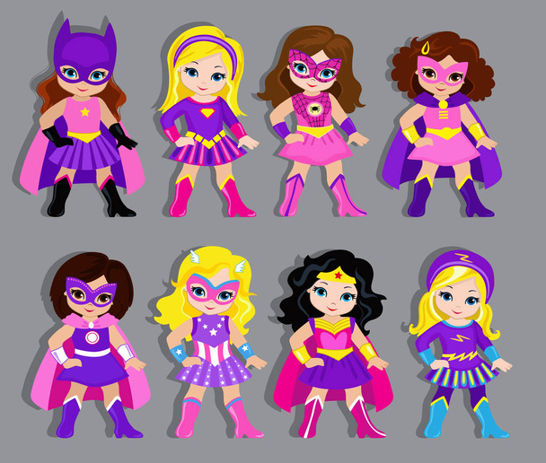 Group of beautiful girls dressed in suits of superheroes. - Vector, Image