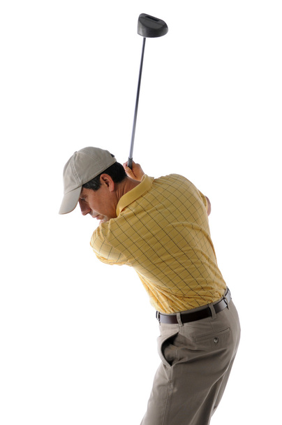 Keskiajan golfaaja heiluttaa golfmailaa
 - Valokuva, kuva