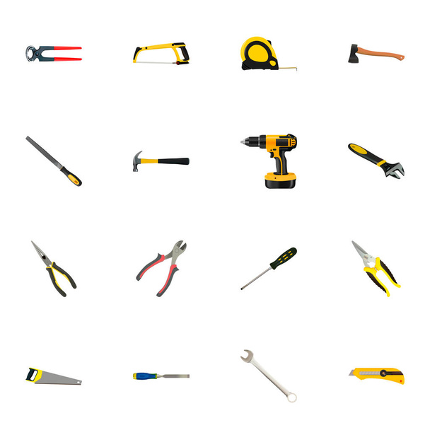 Realistic Utility Knife, Hatchet, Spanner And Other Vector Elements. Set Of Kit Realistic Symbols Also Includes Tape, Instrument, Cutter Objects. - Vector, Image