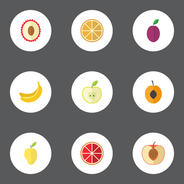平らな桃、柑橘類、アプリコットと他のベクトルの要素。フルーツ フラット記号のセットには、熱帯、ジョナゴールド、アプリコットのオブジェクトも含まれています. - ベクター画像