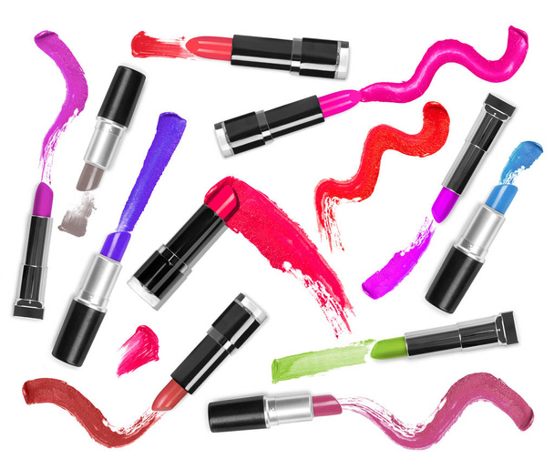 set of colorful lipsticks with trace on white background  - Foto, afbeelding