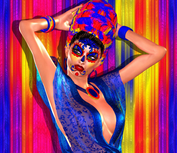 Σέξι γυναίκα με μακιγιάζ κρανίο ζάχαρη της la Santa Muerte, πολύχρωμα φλοράλ Μεξικού μάσκα, ημέρα των νεκρών. - Φωτογραφία, εικόνα