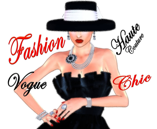 Disegno di moda, donna attraente in stile vintage abito nero e cappello nel nostro stile di arte digitale rendering 3d
. - Foto, immagini