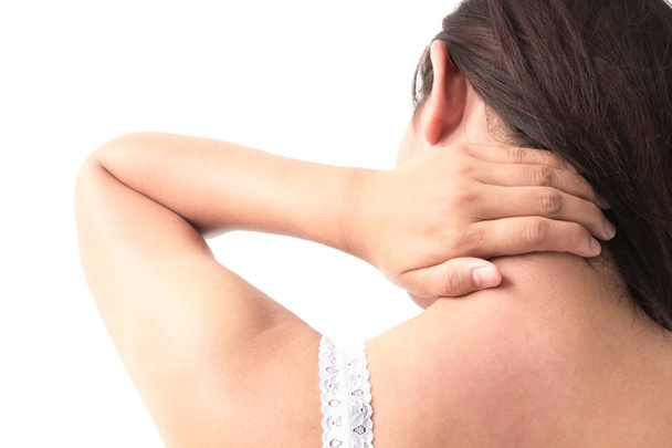 Woman neck pain with white background for healthy concept - Foto, Bild