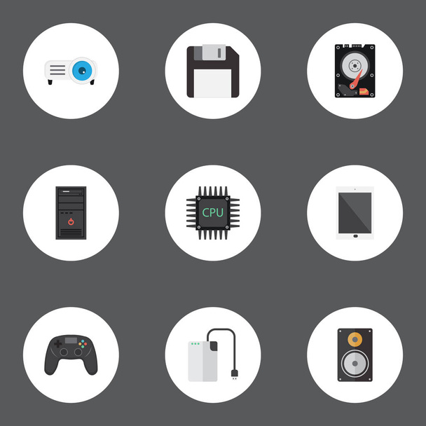 Flat Storage Device, Show, Diskette And Other Vector Elements. Set Of PC Flat Symbols Also Includes Tablet, Loudspeaker, Floppy Objects. - Vector, Image