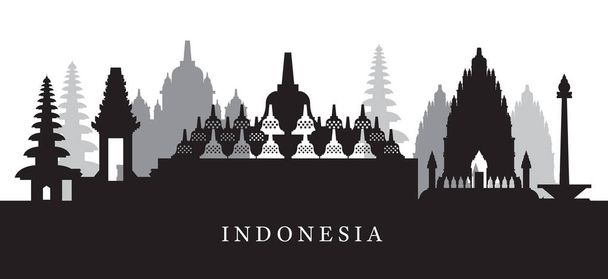 Ινδονησία ενδιαφέροντος στον ορίζοντα σε μαύρο και άσπρο περίγραμμα - Διάνυσμα, εικόνα