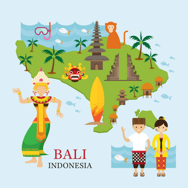 Μπαλί, Ινδονησία Χάρτης με ταξίδια και τα αξιοθέατα. - Διάνυσμα, εικόνα