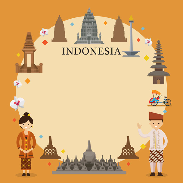 Индонезия ориентиры, люди в традиционной одежде, рамка
 - Вектор,изображение