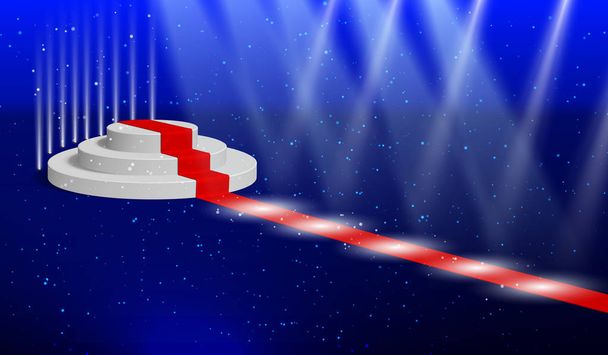 Cilindrische podium voor presentaties of voorstellingen met een rode loper, verlicht door schijnwerpers - Vector, afbeelding