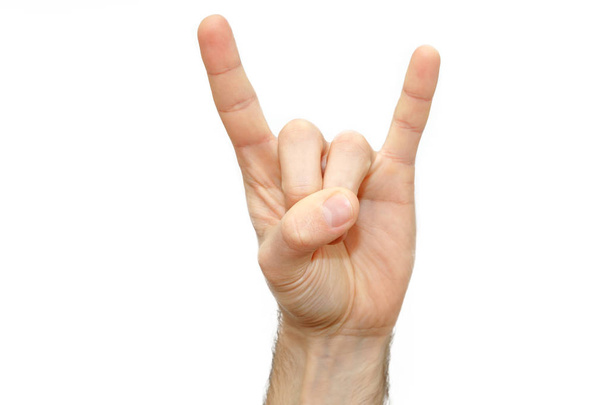 Рокетний знак важкого металу чоловічої руки ізольовано
 - Фото, зображення