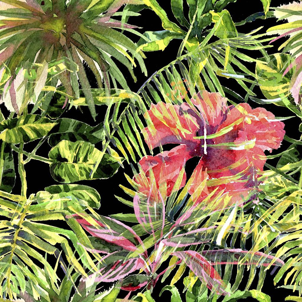 熱帯の背景。水彩トロピカル葉っぱや植物。手描きのジャングル緑を背景 - 写真・画像