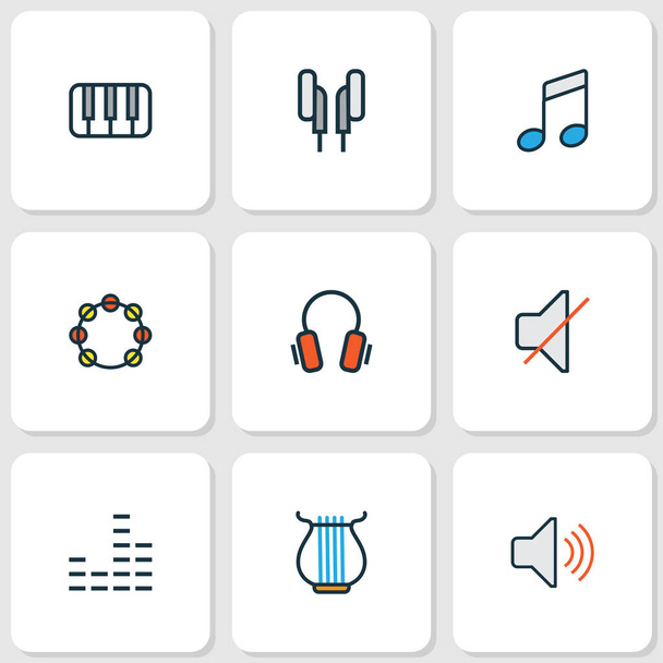Multimedia farbige Umrisse gesetzt. Sammlung von Lautstärke, Klang, Tasten und anderen Elementen. enthält auch Symbole wie Lautstärke, Kopfhörer, Ton. - Vektor, Bild