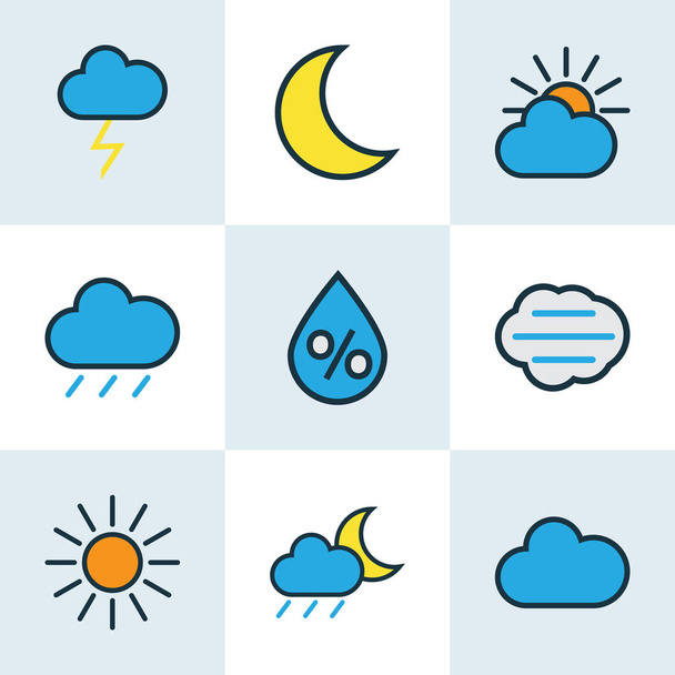 Nature Colored Outlines Set. Collection Of Sunshine, Moonbeam, Lunar And Other Elements. Also Includes Symbols Such As Overcast, Lunar, Raindrop. - Vector, Image