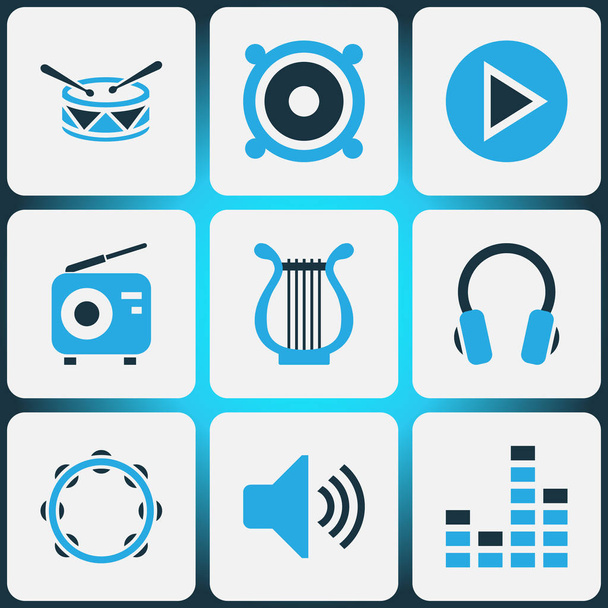Multimédia színes ikonok beállítása. Hangszóró, rádió, hangerő és más elemek gyűjteménye. Magában foglalja a szimbólumok, hangszóró, hangszóró, eszköz. - Vektor, kép