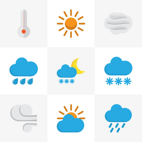 Meteorología Set de iconos planos. Colección de viento, nieve, lluvia y otros elementos. También incluye símbolos como caliente, tormenta, nube
. - Vector, Imagen