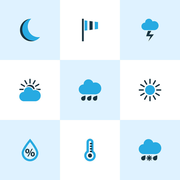 Natuur gekleurde Icons Set. Collectie van zonnige, Thermometer, regenval en andere elementen. Ook bevat symbolen zoals regen, zonnige, voorspelling. - Vector, afbeelding