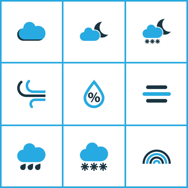 Weather Colored Icons Set. Collection Of Blizzard, Rainfall, Snowfall And Other Elements. Also Includes Symbols Such As Rainbow, Gust, Humidity. - Vector, Image