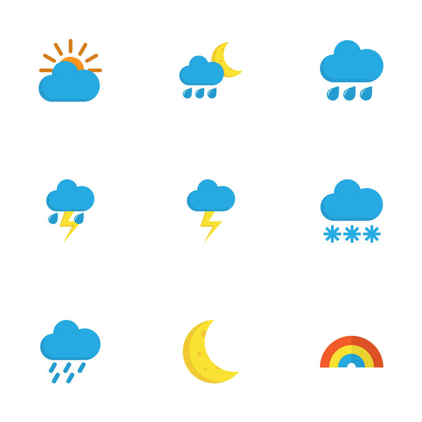 Climate Flat Icons Set. Коллекция Sunny, The Flash, Bow and Other Elements. Also Includes Symbols such as Flash, Winter, Moon
. - Вектор,изображение