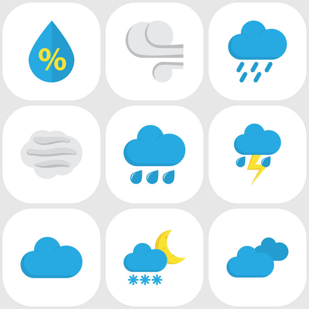 Clima Conjunto de ícones planos. Coleção de Frosty, chuva, tempestade e outros elementos. Também inclui símbolos como flash, gotejamento, gota
. - Vetor, Imagem