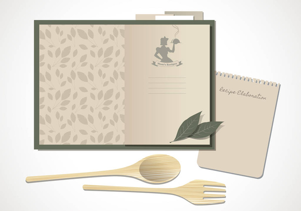 Cookbook with mom's recipes. Wooden spoon and fork and bay leave - Vector, Image