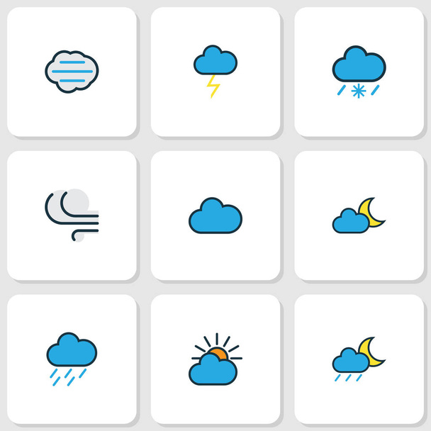 Nature Colored Outlines Set. Collection Of Windy, Cloudburst, Hazy And Other Elements. Also Includes Symbols Such As Cloud, Clouded, Moon. - ベクター画像