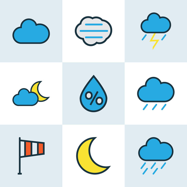 Набор климатических контуров. "Collection Of Hail, Cloudy Day, Raindrop And Other Elements". Also Includes Symbols such as Flag, Hazy, Storm
. - Вектор,изображение