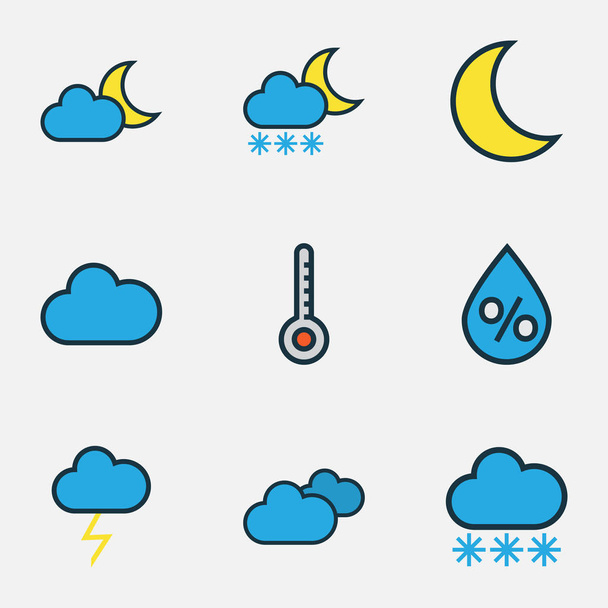 Set di profili colorati per il clima. Collezione di neve, giorno nuvoloso, pioggia e altri elementi. Include anche simboli come nuvoloso, termometro, neve
. - Vettoriali, immagini