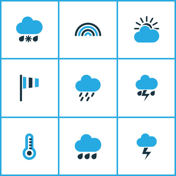 Éghajlat színes ikonok beállítása. Ív, vihar, szél sebesség és egyéb elemek gyűjteménye. Magában foglalja a szimbólumok, mint például a sebesség, felhős, hideg. - Vektor, kép