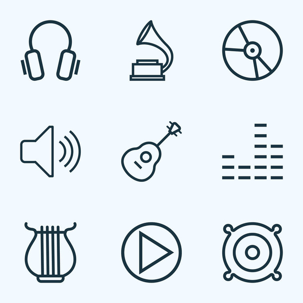 Music Outlines Set. Collection Of Plastic, Phonograph, Earphones And Other Elements. Also Includes Symbols Such As Speaker, Mixer, Orator. - Vector, Image