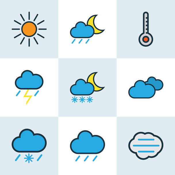 Set di profili colorati per il clima. Raccolta di grandine, tornado, tempo nuvoloso e altri elementi. Include anche simboli come scala, grado, sole
. - Vettoriali, immagini