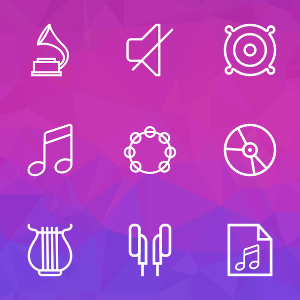 Multimedia Outlines Set. Collection Of Soundtrack, Plastic, Phonograph And Other Elements. Also Includes Symbols Such As Tambourine, Phone, Headphone. - Vector, Image