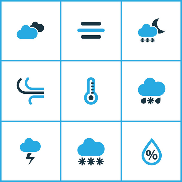 Meteorológia színes ikonok beállítása. Hideg időben, szélben, hőmérő és egyéb elemek gyűjteménye. Magában foglalja a szimbólumok, mint a termosztát, szél, hideg. - Vektor, kép