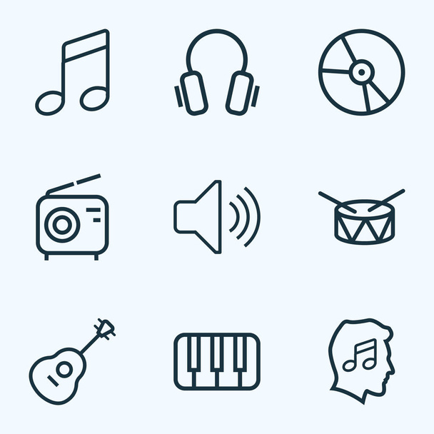 Conjunto de contornos de audio. Colección de auriculares, cuerdas, melodía y otros elementos. También incluye símbolos como guitarra, volumen, círculo
. - Vector, imagen