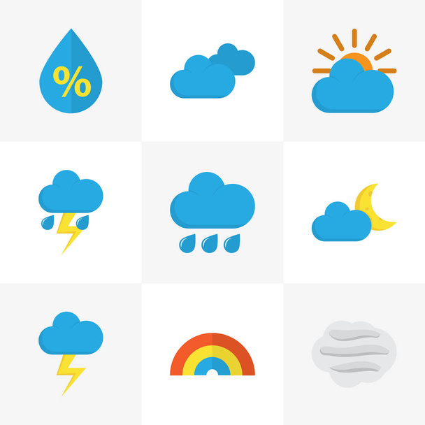 Nature Flat Icons Set. Collection Of Drop, Bow, Rain And Other Elements. Also Includes Symbols Such As Sunny, Clouds, Bow. - Vector, Image