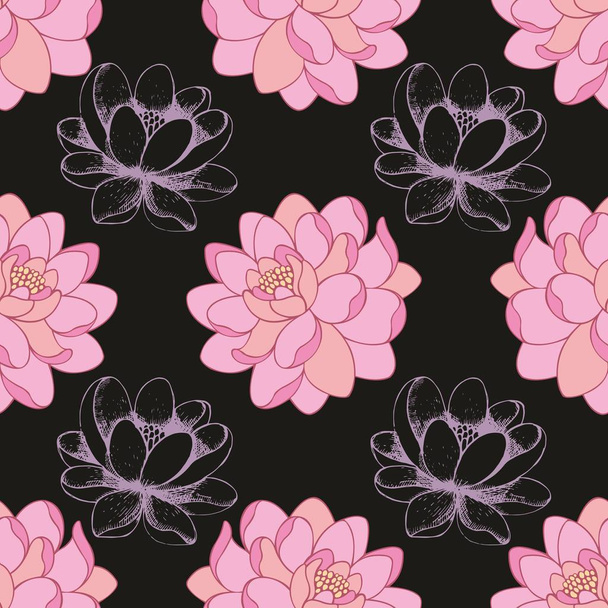 Pink flowers on a black background in combination with a hand drawing. Vector seamless pattern - Vector, imagen