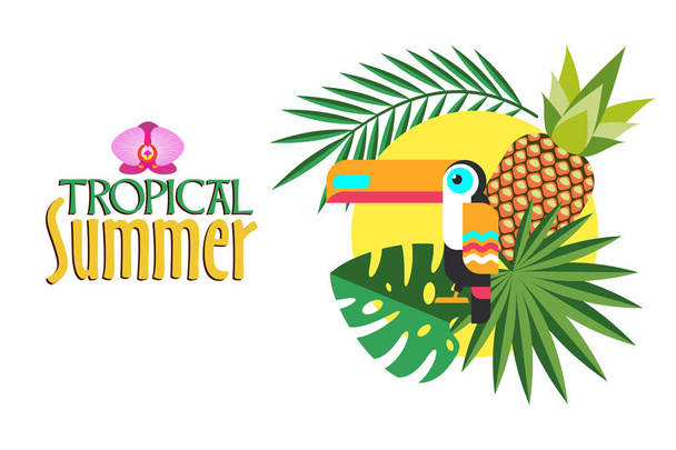 Тропічне літо. Векторна ілюстрація. Тропічні рослини, тукан, ананас і сонце. - Вектор, зображення