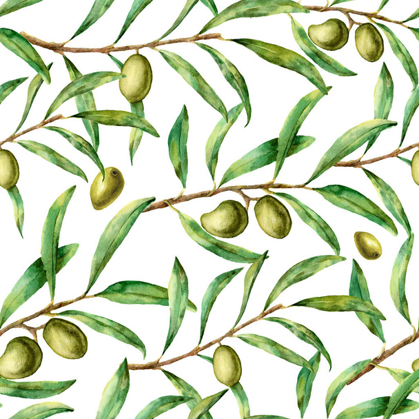 水彩オリーブ パターン。手描きの葉とオリーブ果実、木の枝でシームレスな花飾り。デザイン、プリント、生地の - 写真・画像