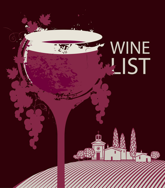 carta de vinhos com vidro, uvas e paisagem
 - Vetor, Imagem
