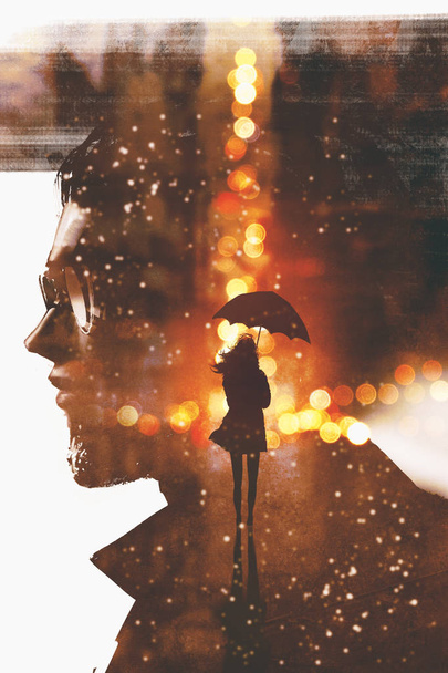 silhouette donna con ombrello in città notte contro un uomo testa
  - Foto, immagini