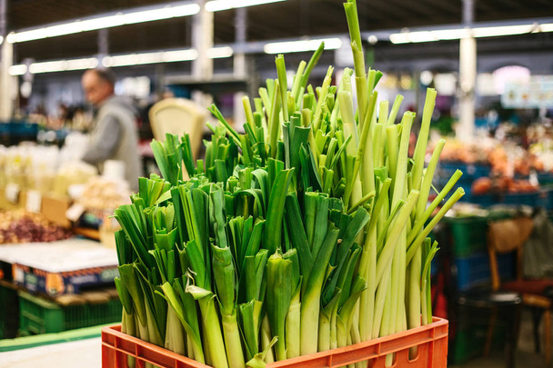 Green onion. Organic products rich in vitamins. Natural local products on the farm market. Harvest. Seasonal products. Food. - Photo, Image