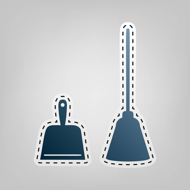Dustpan vector sign. Scoop for cleaning garbage housework dustpan equipment. Vector. Blue icon with outline for cutting out at gray background. - Vector, Image