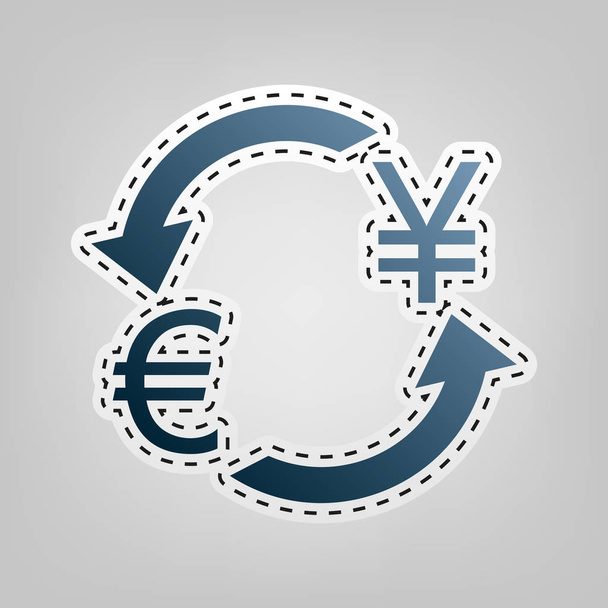 Znak měny exchange. Euro a japonský jen. Vektor. Modrá ikona s obrysem pro vysekávání na šedém pozadí. - Vektor, obrázek