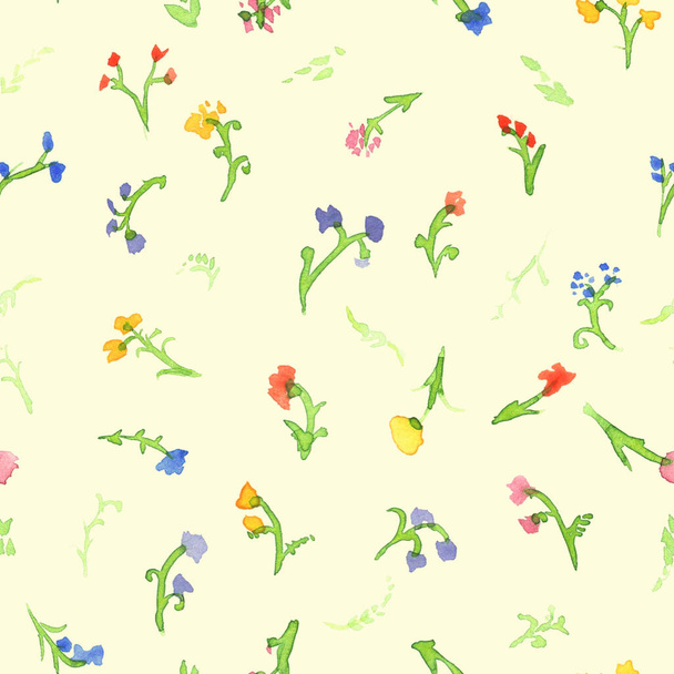 Seamless cute pattern of watercolor meadow, lowers on soft yellow color or beige.  - Valokuva, kuva