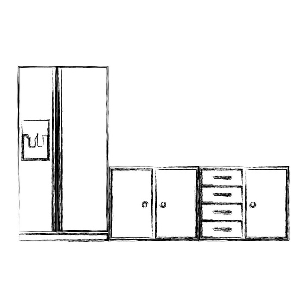 silueta borrosa de los gabinetes de cocina inferiores con nevera
 - Vector, Imagen