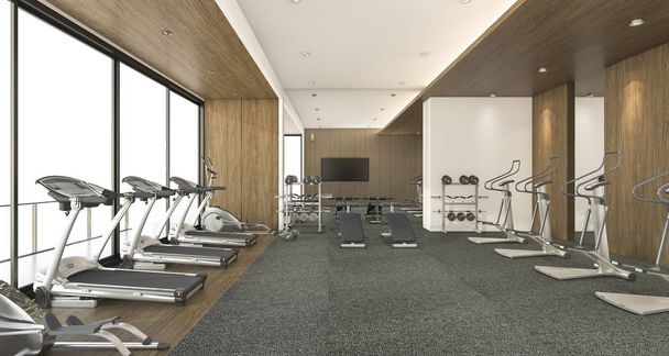3d renderizado amplio fitness y gimnasio con decoración de madera de lujo
 - Foto, imagen