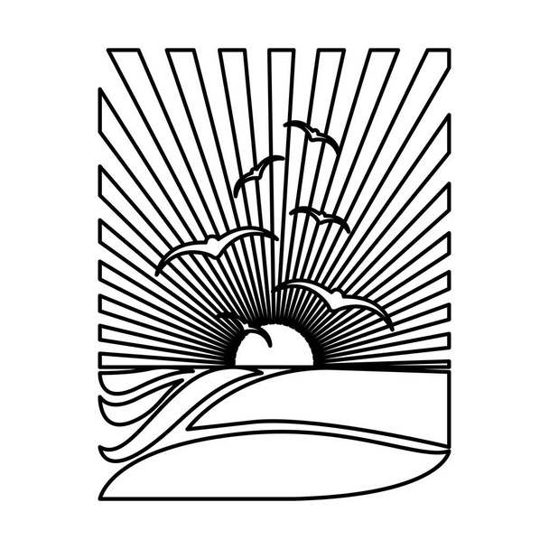 silhueta retangular fundo por do sol no oceano com gaivotas
 - Vetor, Imagem