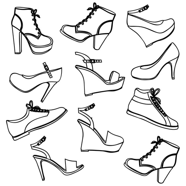 monochrome achtergrond met set van mannelijke en vrouwelijke schoenen - Vector, afbeelding