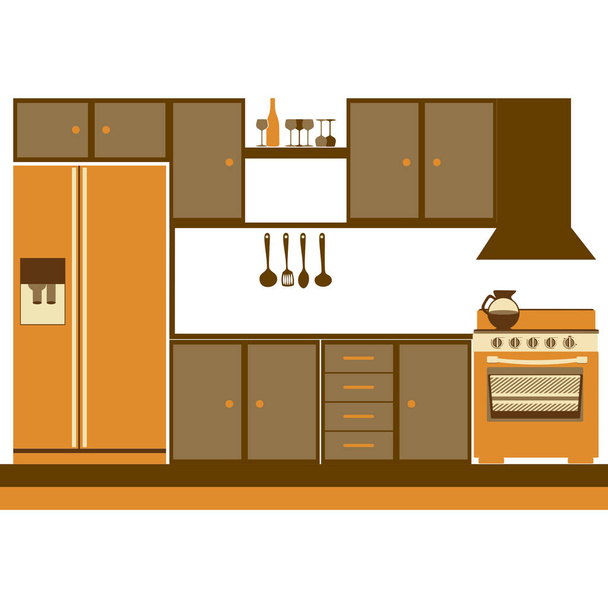 silueta de color de los gabinetes de cocina con estufa y nevera
 - Vector, imagen