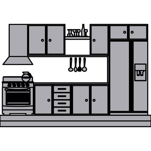 コンロと冷蔵庫付きキッチン キャビネットのグレースケール シルエット - ベクター画像