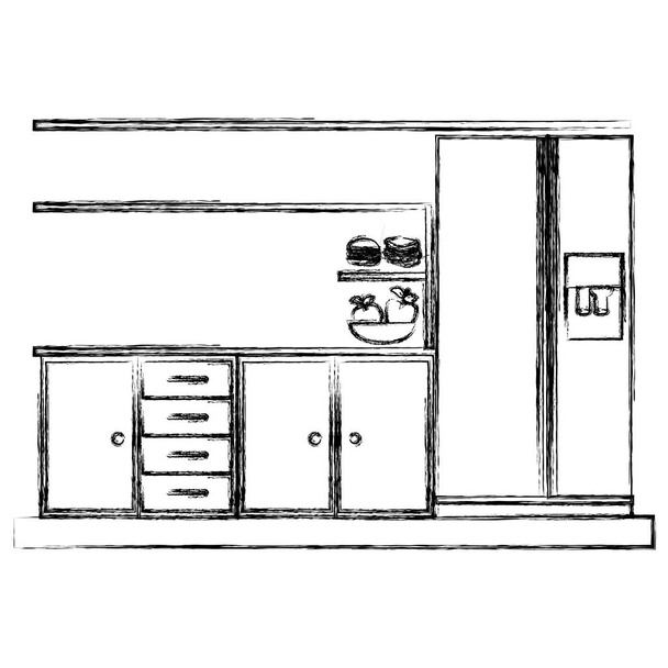 schizzo monocromatico degli armadi cucina inferiori con frigorifero
 - Vettoriali, immagini